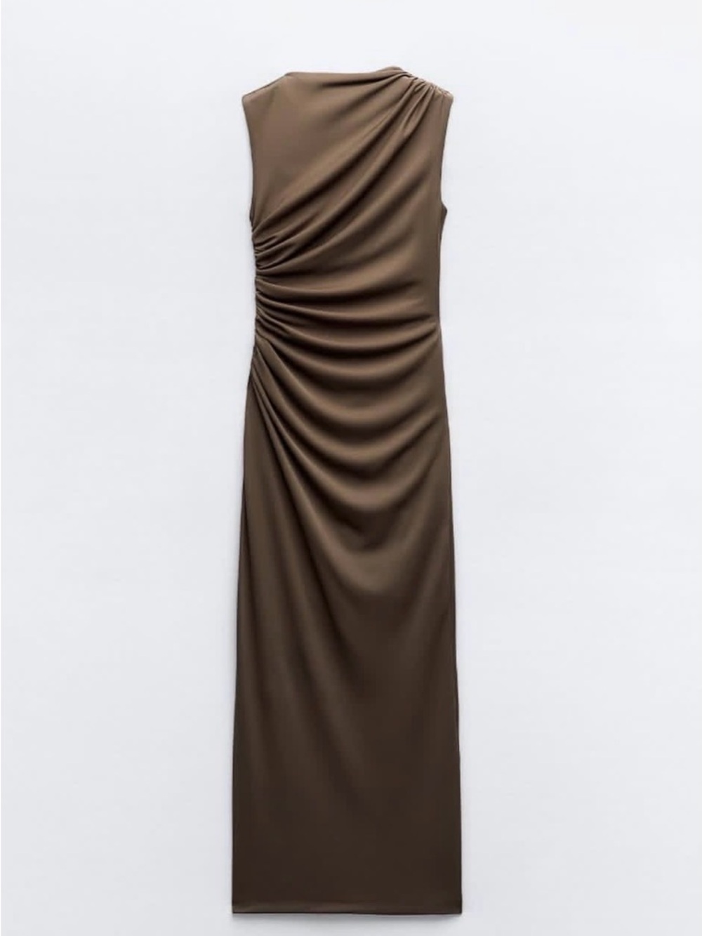 Zara Mock Neck Ruched Midi Dress- Mid Khaki